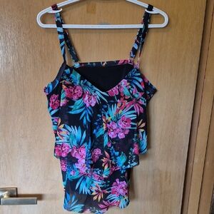 Black Floral Swim Cami with Pink & Teal Print